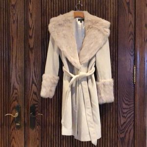 Bebe cream colored faux fur knee length coat